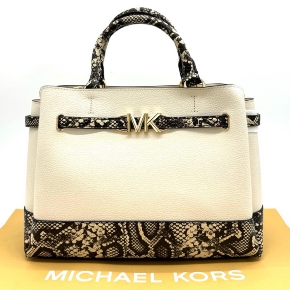 Michael Kors Reed Large Belted Satchel Crossbody Bag Light Cream Snakeskin